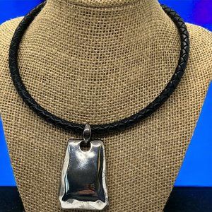 Chico's Chicos Collar Choker Necklace Black Woven Leather Silver Tone Pendant 19
